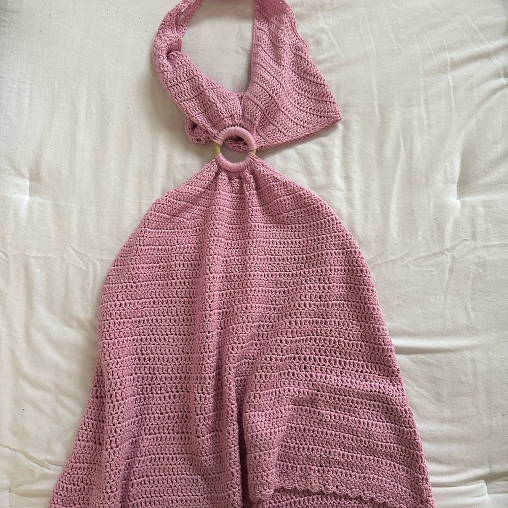 Elegant Pink Backless Crochet Dress